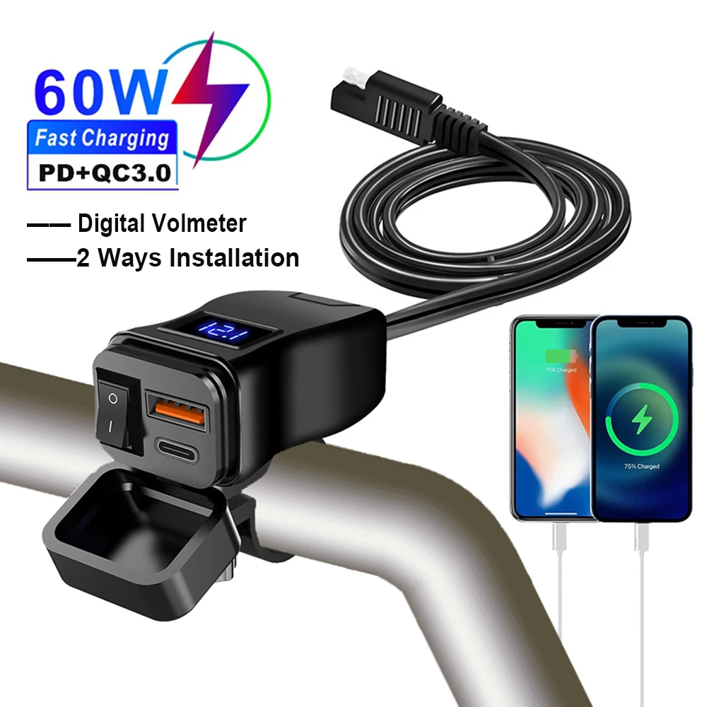 6.8a pd + qc3.0 carregador de telefone para motocicleta, guiador, tomada usb dupla, 60w, à prova d'água, 12v, adaptador de fonte de alimentação com interruptor, voltímetro