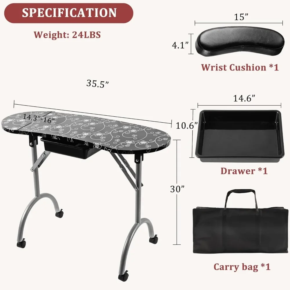 30" H Manicure Nail Table, Portable & Foldable Nail Desk Workstation with Large Drawer/Client Wrist Pad/Lockable Rolling Wheels