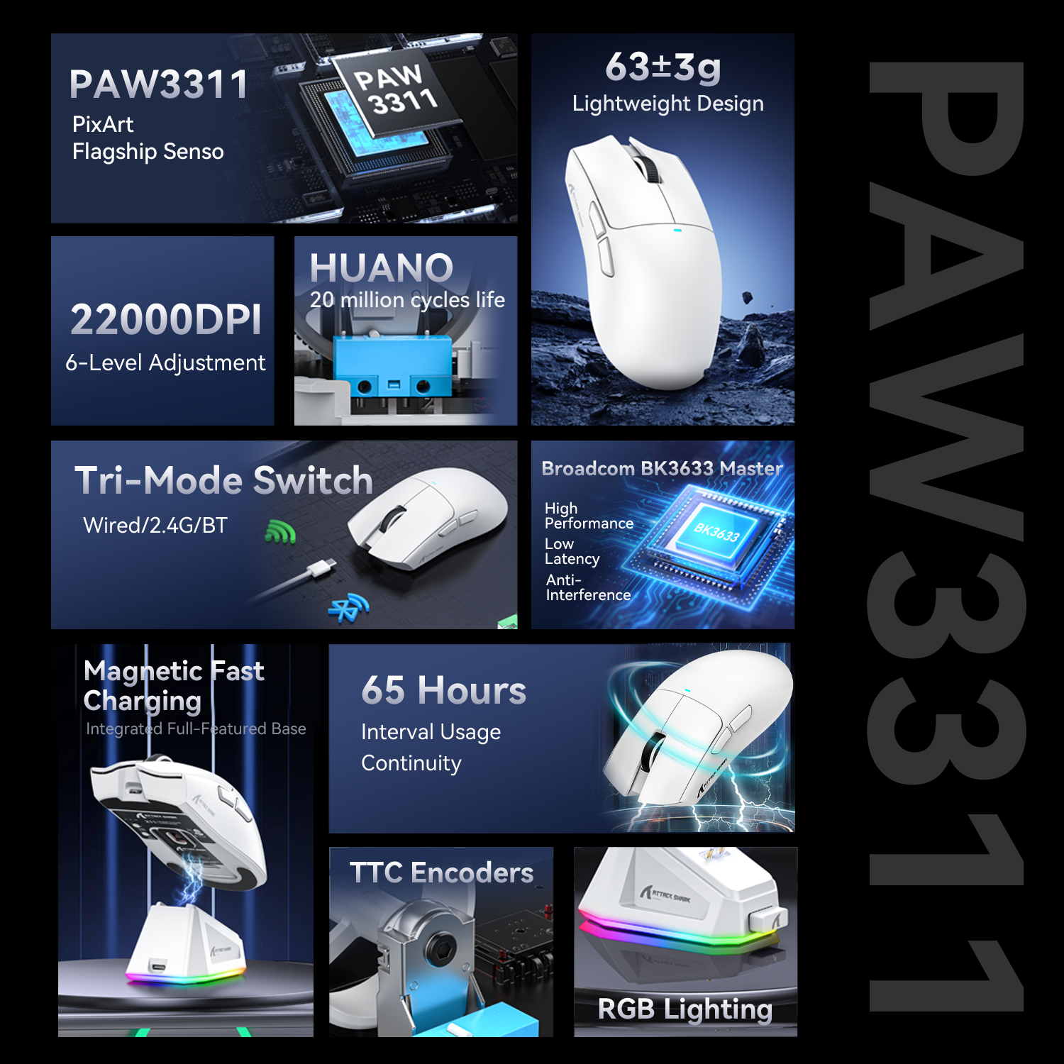 Trójtrybowa mysz do gier Attack Shark X11 z magnetyczną stacją ładującą, czujnik PixArt PAW3311, 22K DPI, BT/2,4 GHz/przewodowa, do komputerów PC/MAC
