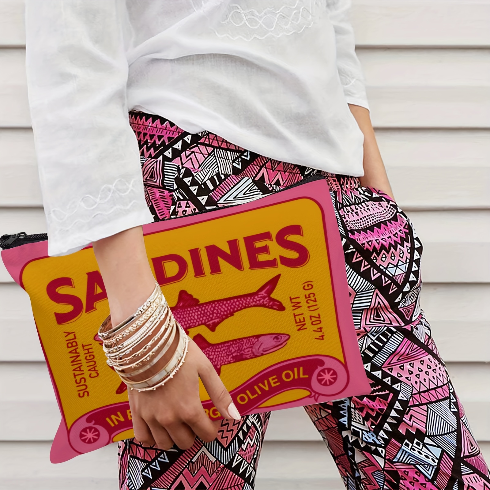 Bolsa de maquillaje unisex de lino liviana y duradera – Diseño vintage de aceite de oliva de sardinas