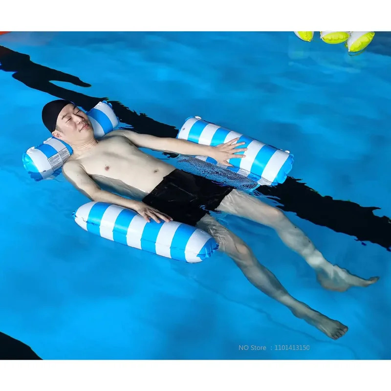 Inflatable Water Floating Mat for Adults, Foldable Backrest Recliner, Inflatable Striped Floating Bed, Single Hammock