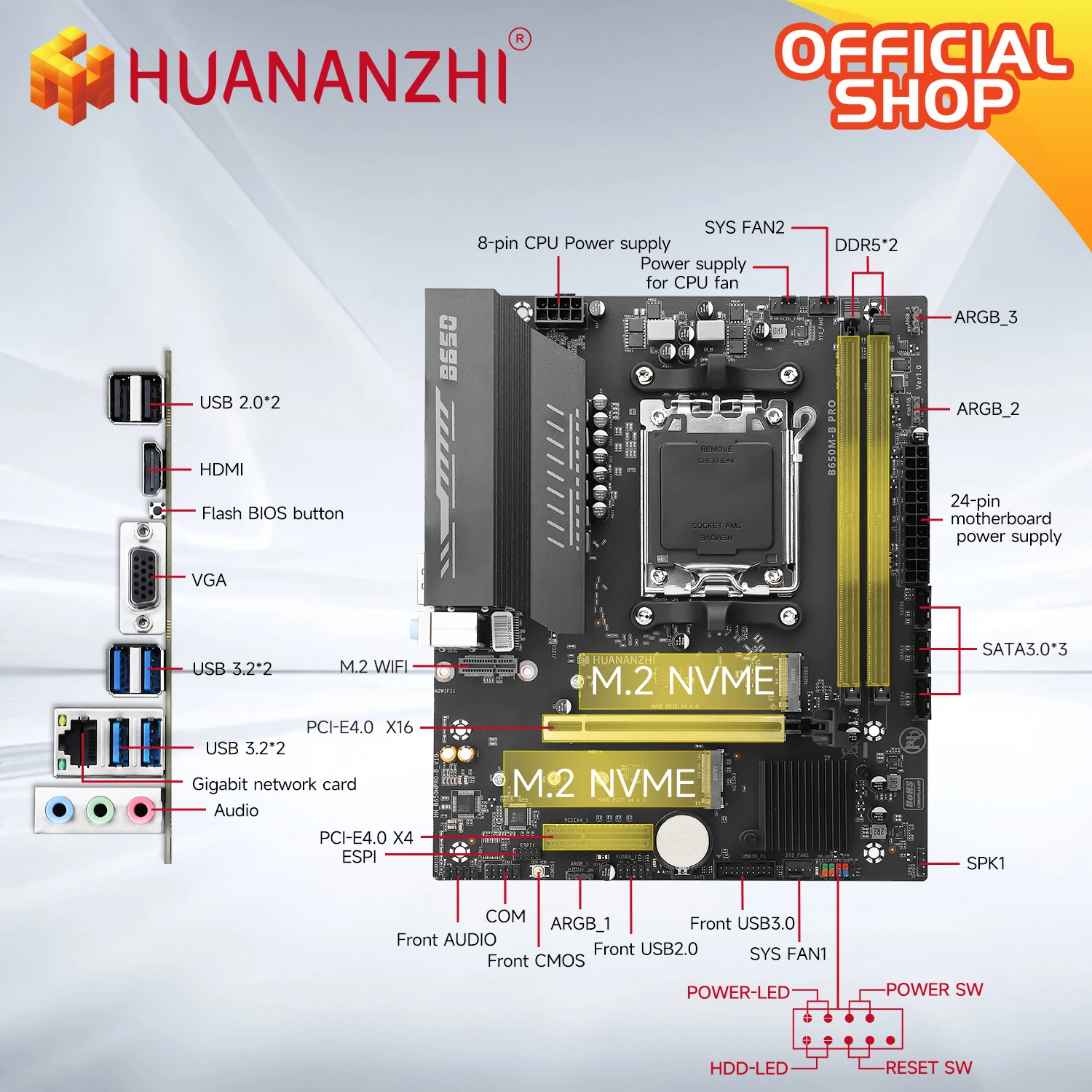 HUANANZHI B650M B PRO AMD AM5 Motherboard unterstützt Ryzen R5 R7 7000 8000 9000 Serie M.2 NVME WIFI Dual Channel DDR5 EXPO RAM