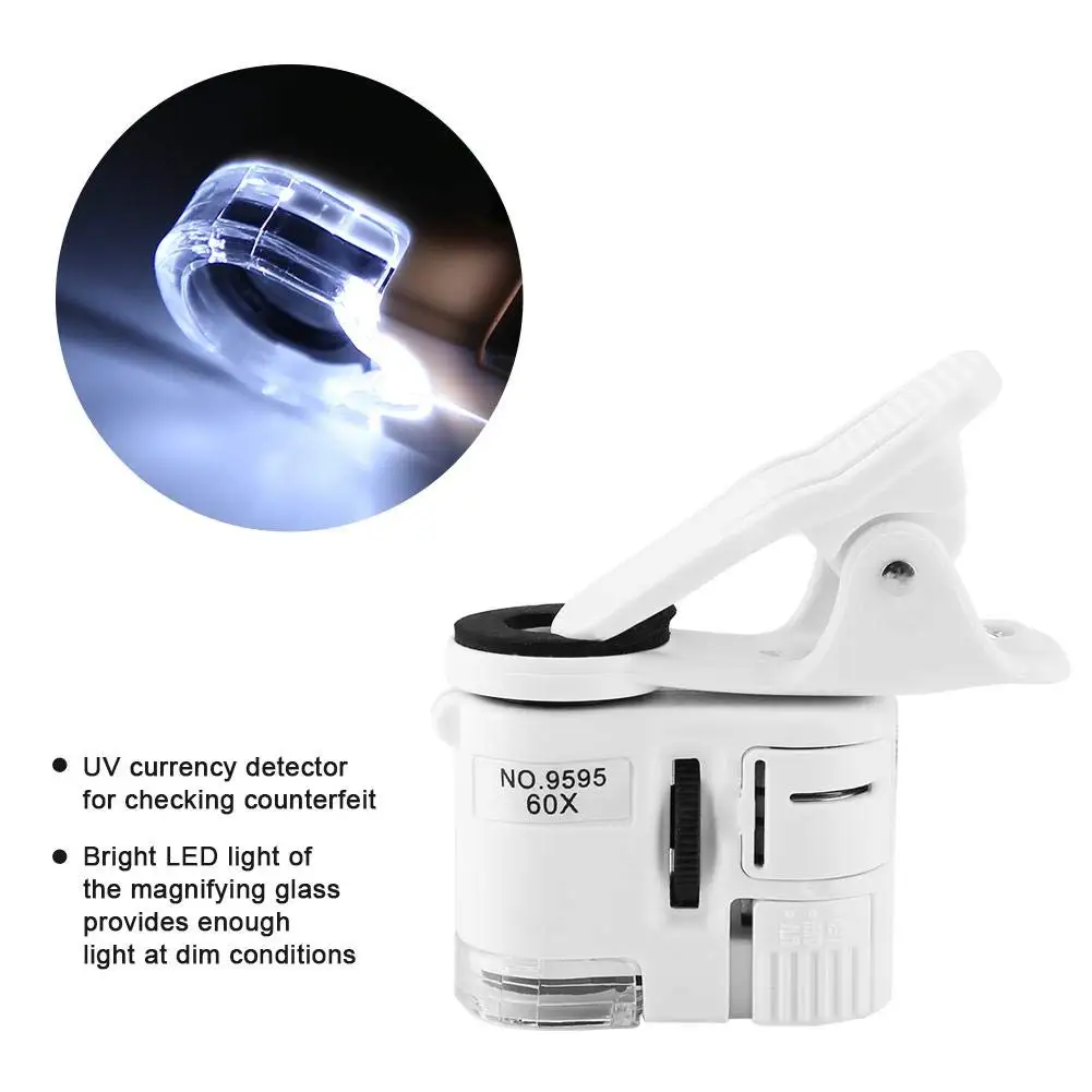 Magnifying Glass with Light 60x Zoom Microscope Magnifier LED UV Light Clip-on Micro Lens for Universal Mobile Phones