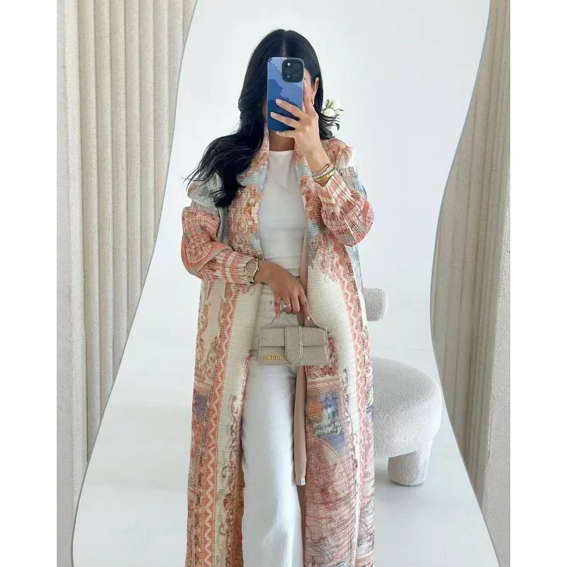 KAF Plissee Frauen Graben Mantel Vintage Gedruckt Strickjacke Design Lose Plus Größe Frauen Lange Kleid Dubai Weibliche Luxus Abaya 2024
