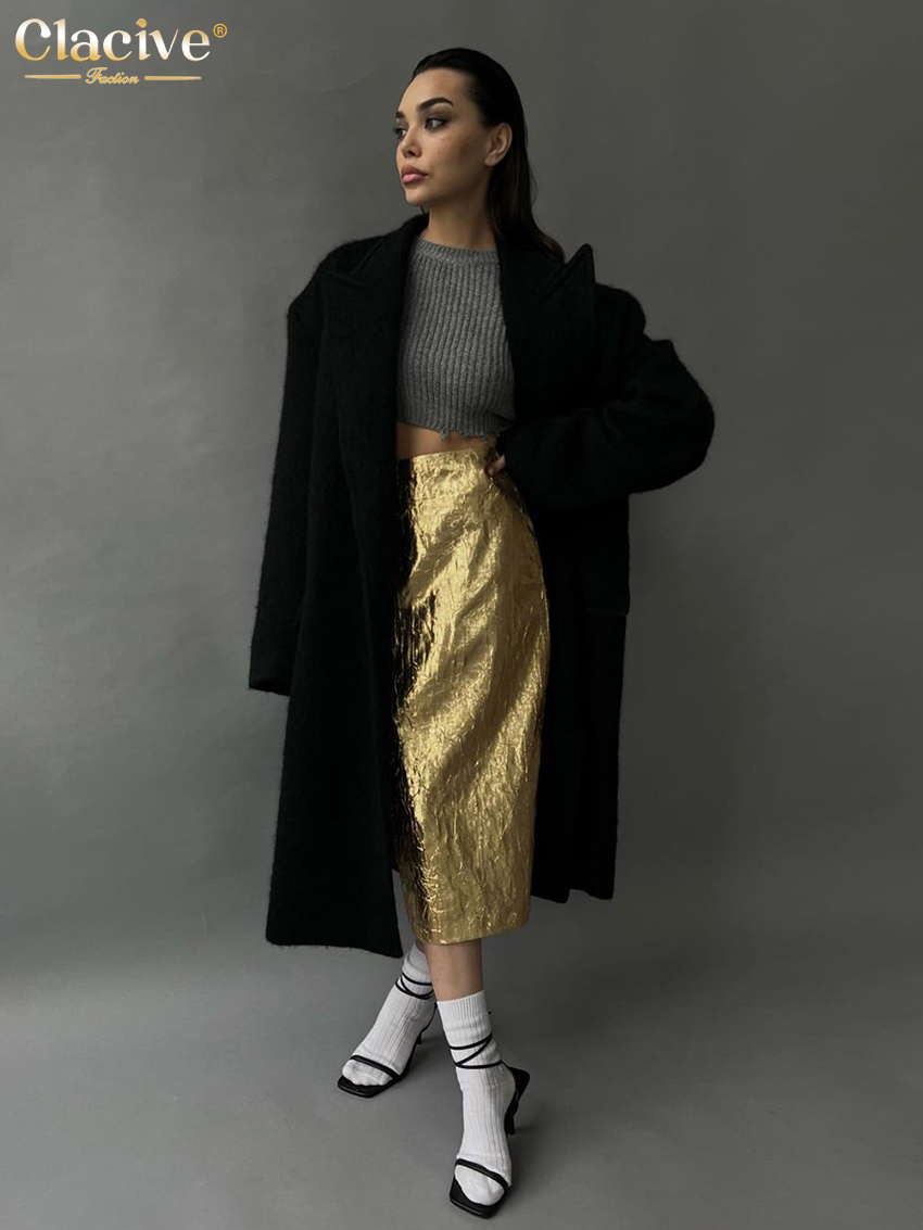 Clacive moda magro ouro saia feminina elegante chique cintura alta midi saias streetwear vintage faldas saia roupas femininas 2023