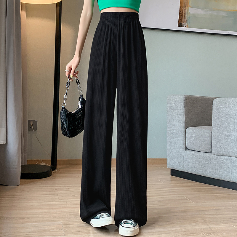 Calça feminina larga de seda no gelo, chiffon fino, cintura alta, calça reta solta, moda casual, coreana, flácida, primavera e verão, 2024