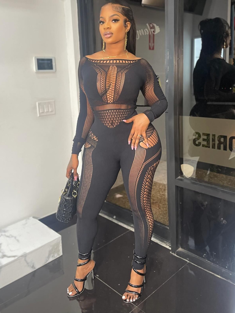 女性のためのセクシーなニットパジャマ,透かし彫り,タイト,引き戸付き,伸縮性,スリム,ペンシルパンツ,パーティーナイト,ディスコ,1個