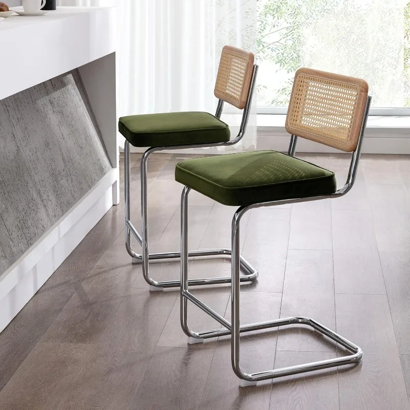 Zesthouse Modern Counter Height Bar Stools, 26'' Natural Rattan Barstools Set of 2, Velvet Kitchen Stools with Backs, Mid Centur