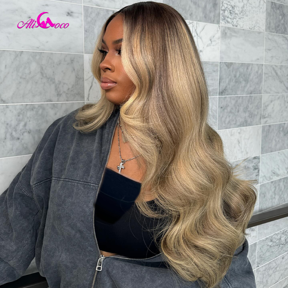 アップグレード 13 × 4 1​​3 × 6 アッシュブロンドハイライトレースフロントウィッグ人毛アッシュブロンド実体波レースフロントウィッグ事前摘み取られた女性のための