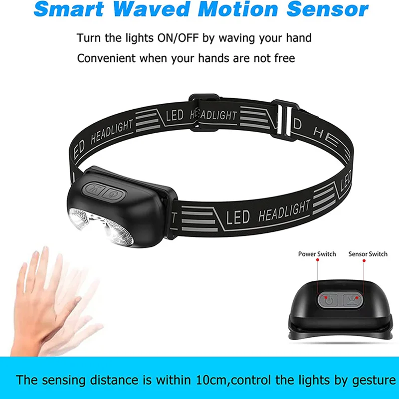 Linterna frontal con Sensor LED, luz de trabajo impermeable, recargable por USB, linterna superbrillante para correr al aire libre, pescar y acampar