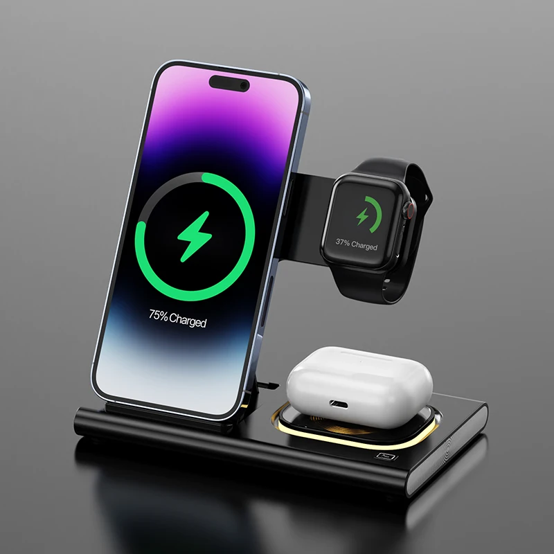 Supporto per caricabatterie wireless da 15 W 3 in 1 per iPhone 14 13 12 Pro Max Apple Watch 8 7 Samsung Watch 5 Airpods Dock station di ricarica rapida