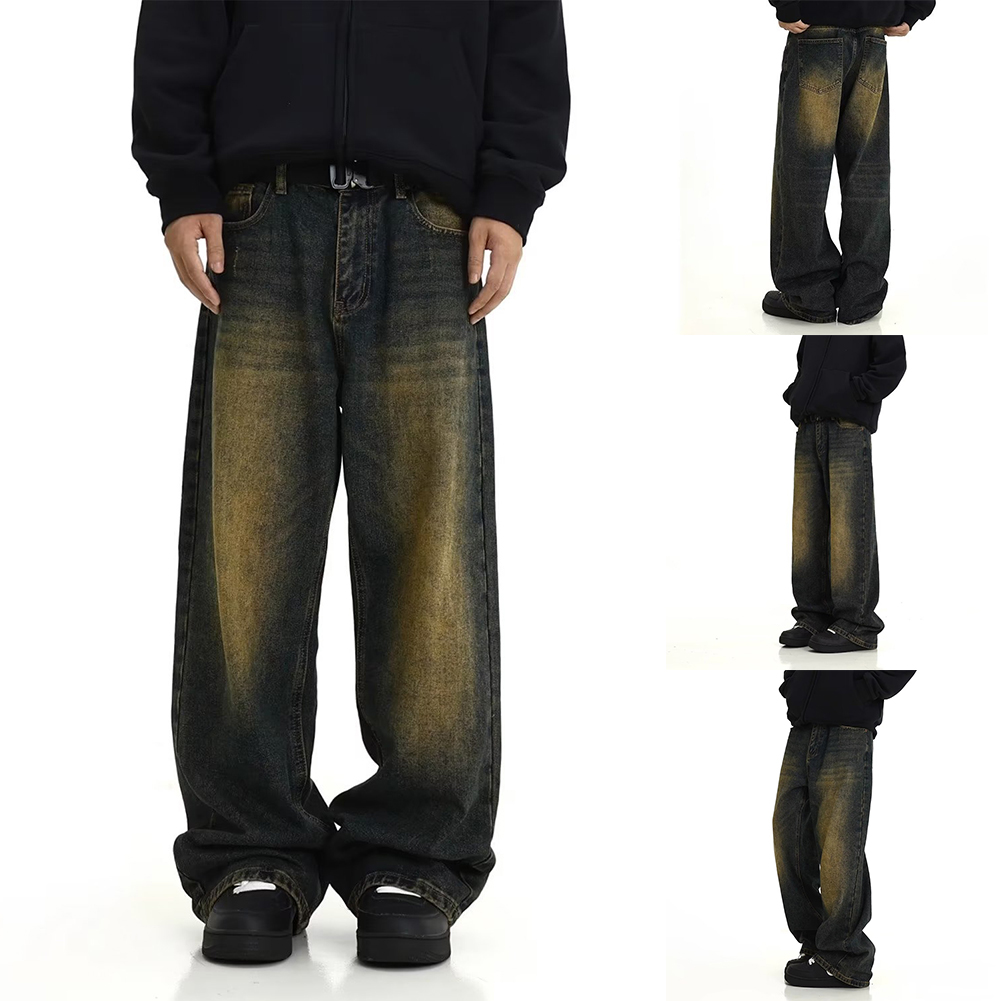 男性ジーンズメンズパンツレギュラーソリッドカラーストレートレッグパンツスタイリッシュなヴィンテージウォッシュだぶだぶ Y2k ファッションストリート