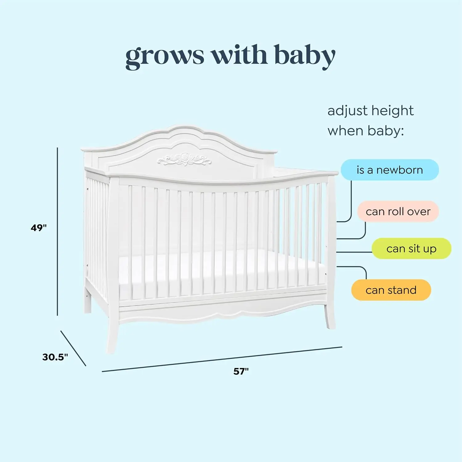 Fiona 4-in-1 Convertible Crib in White Convertible, Adjustable
