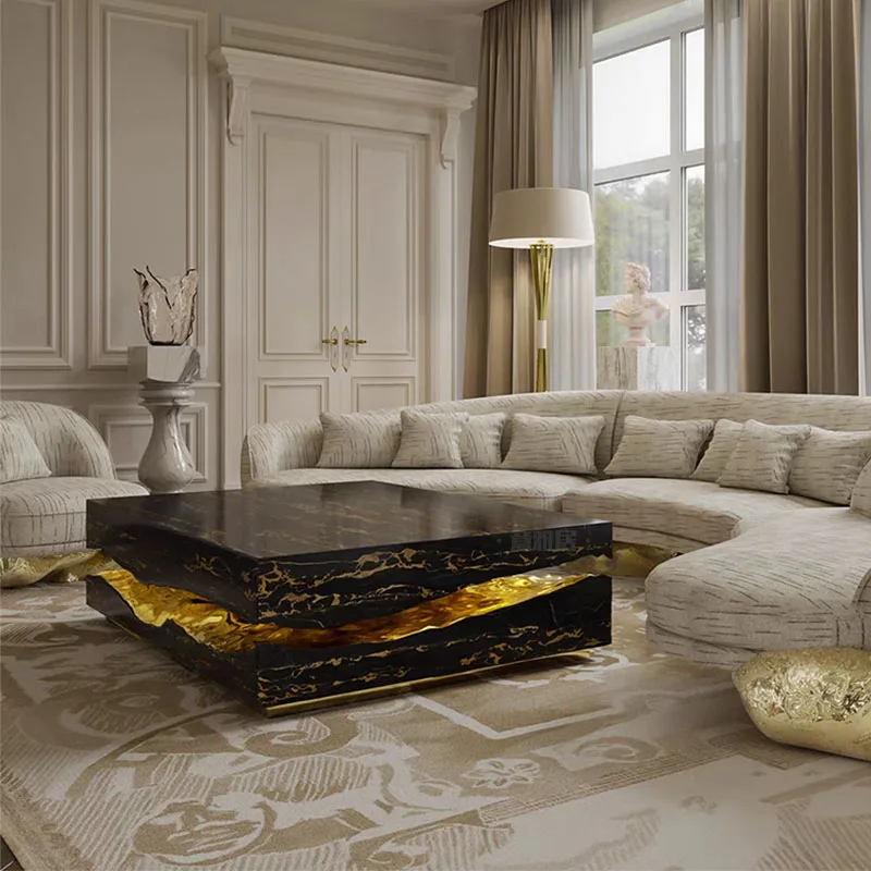 Mesa de centro luxuosa italiana, tampo de mármore e superfície impermeável com base de metal, adequada para decoração de sala de estar de casa de villa