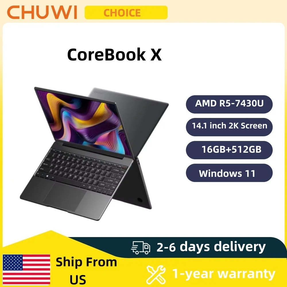 CHUWI CoreBook X Gaming Laptop AMD R5-7430U 16GB DDR4 RAM 512GB SSD 14.1 inch 2K Screen Lightweight Notebook 4.3 GHz Windows 11