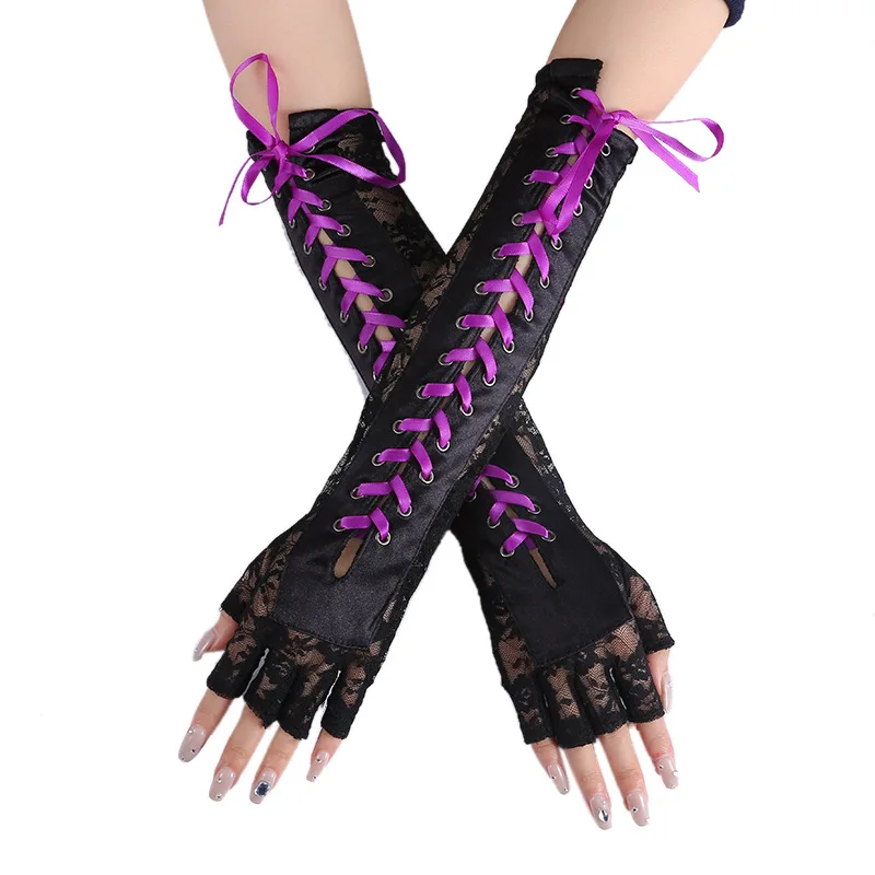 ผู้หญิงเซ็กซี่ดอกไม้ลูกไม้ข้อศอกความยาวครึ่งนิ้วถุงมือสีดํา String Ribbon Ties Up Dance Party Fingerless Fishnet Mittens