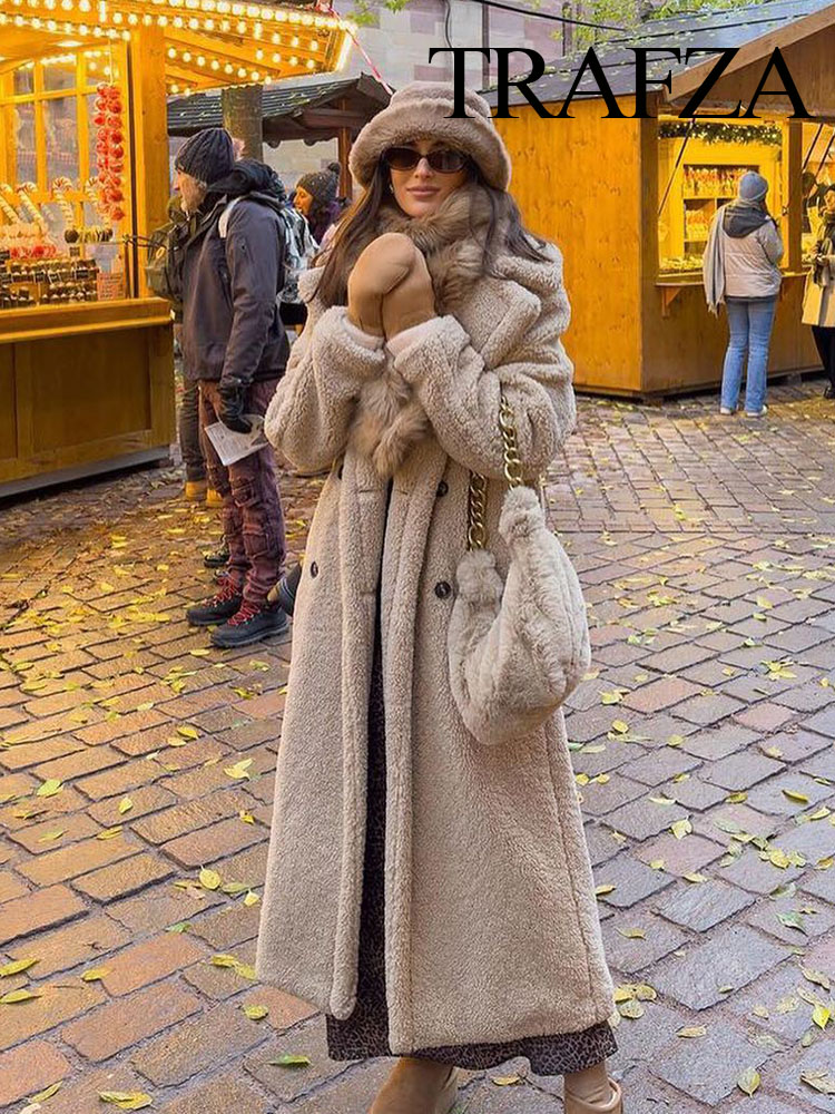 TRAFZA ヴィンテージテディロングコート女性秋冬ラペルシックな長袖ダブルブレストビッグジャケット女性ストリートブレンドオーバーコート