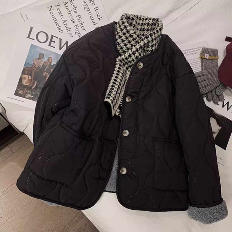 Lammwolle Baumwolle gefütterte Steppmäntel Damen Wollfutter Warme Diamond Grid Jacke Leichte einreihige Winter-Kurzmäntel