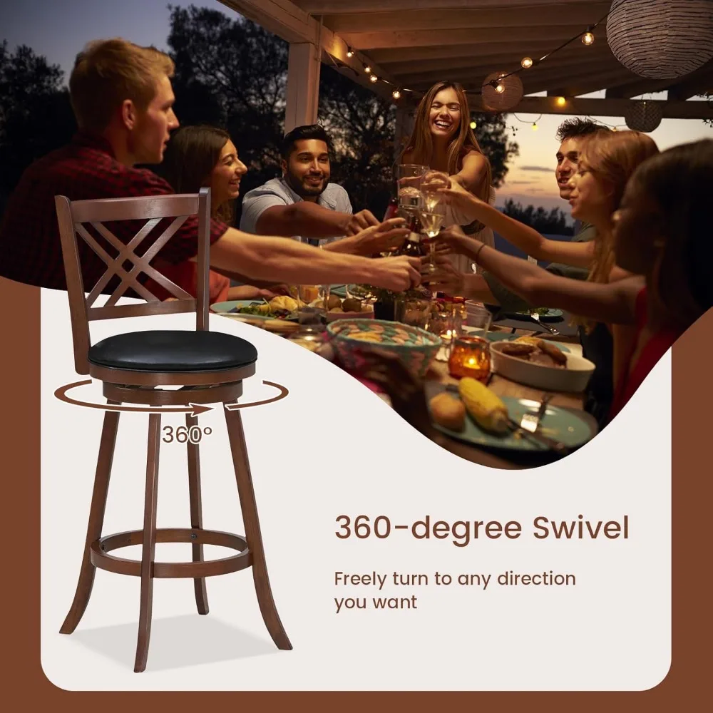 360° Swivel Barstools Set of 2, 29" Bar Height Bar Chairs with Back & Footrest, Upholstered Bar Stools with Rubber Wood Frame