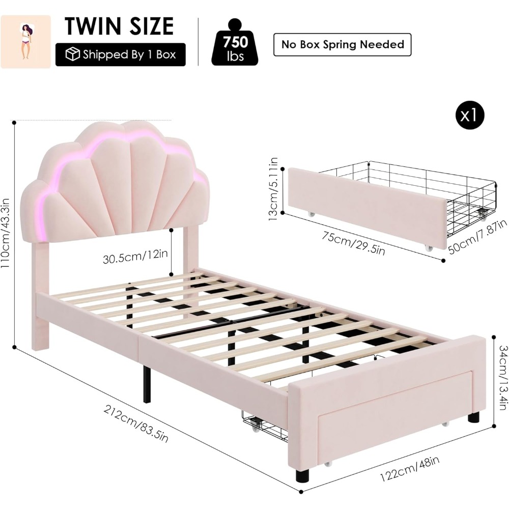 HIFIT Twin Upholstered Smart LED Bed Frame with Storage Drawer and Adjustable Chic Double Petal Headboard, Princess Platform Bed