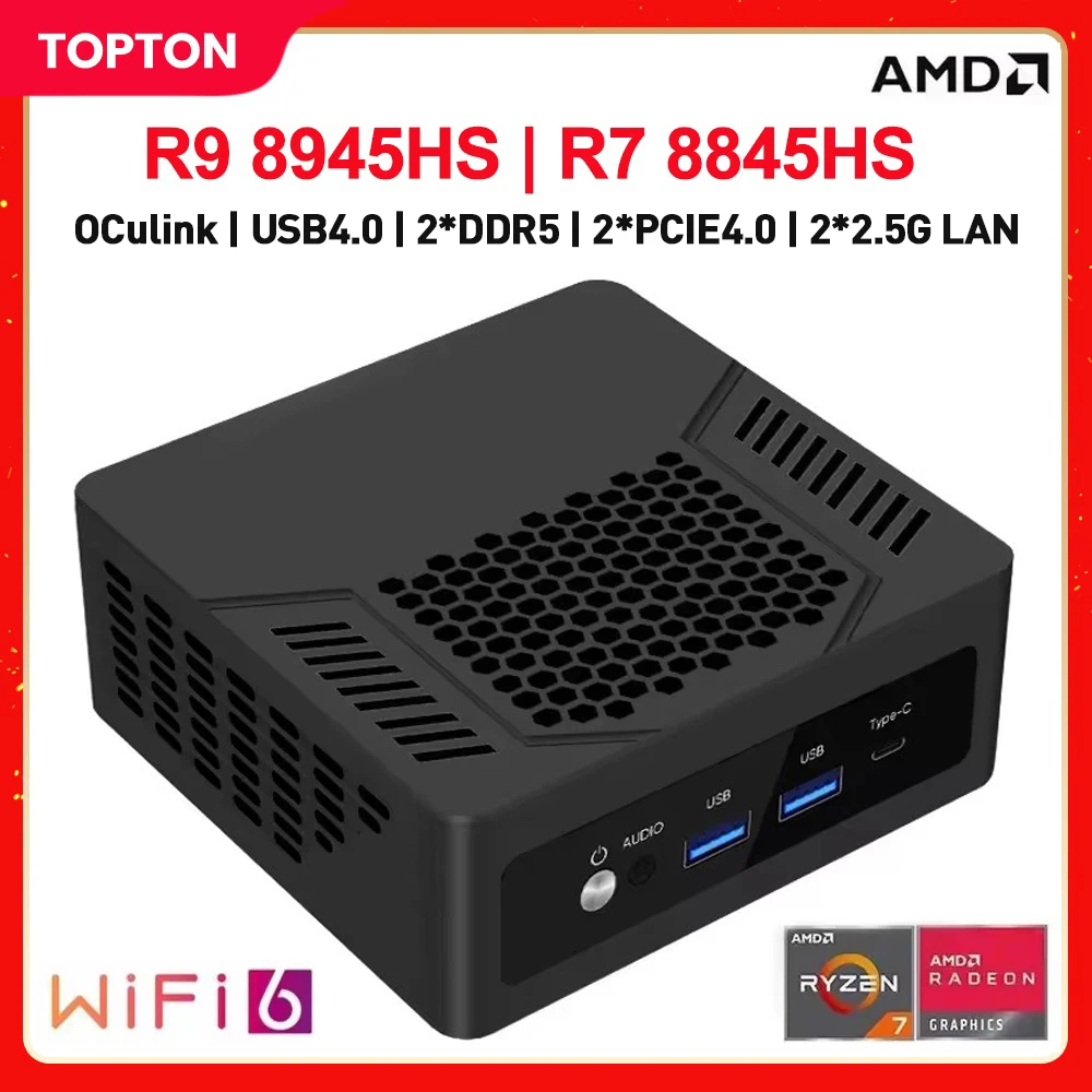 Topton Oculink Gaming Mini PC AMD Ryzen 9 8945HS R7 8845HS USB4.0 2x2.5G LAN 2xPCIe4.0 2xDDR5 Windows 11 NUC Mini komputer WiFi6