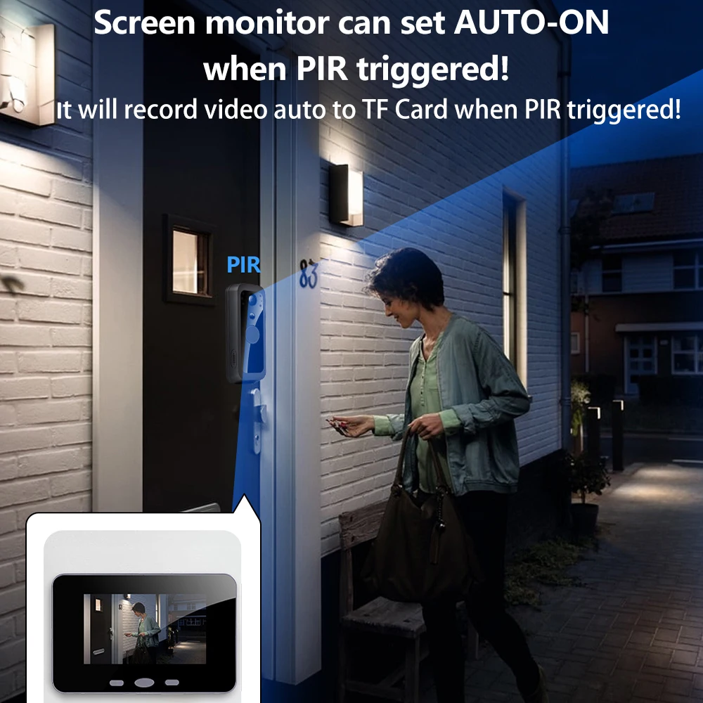 Sin aplicación, sin WiFi, sin red, sin suscripción Pantalla IPS de 4,3 pulgadas Audio inalámbrico 2,4G Vídeo Timbre para exteriores Cámara PIR Detección de movimiento