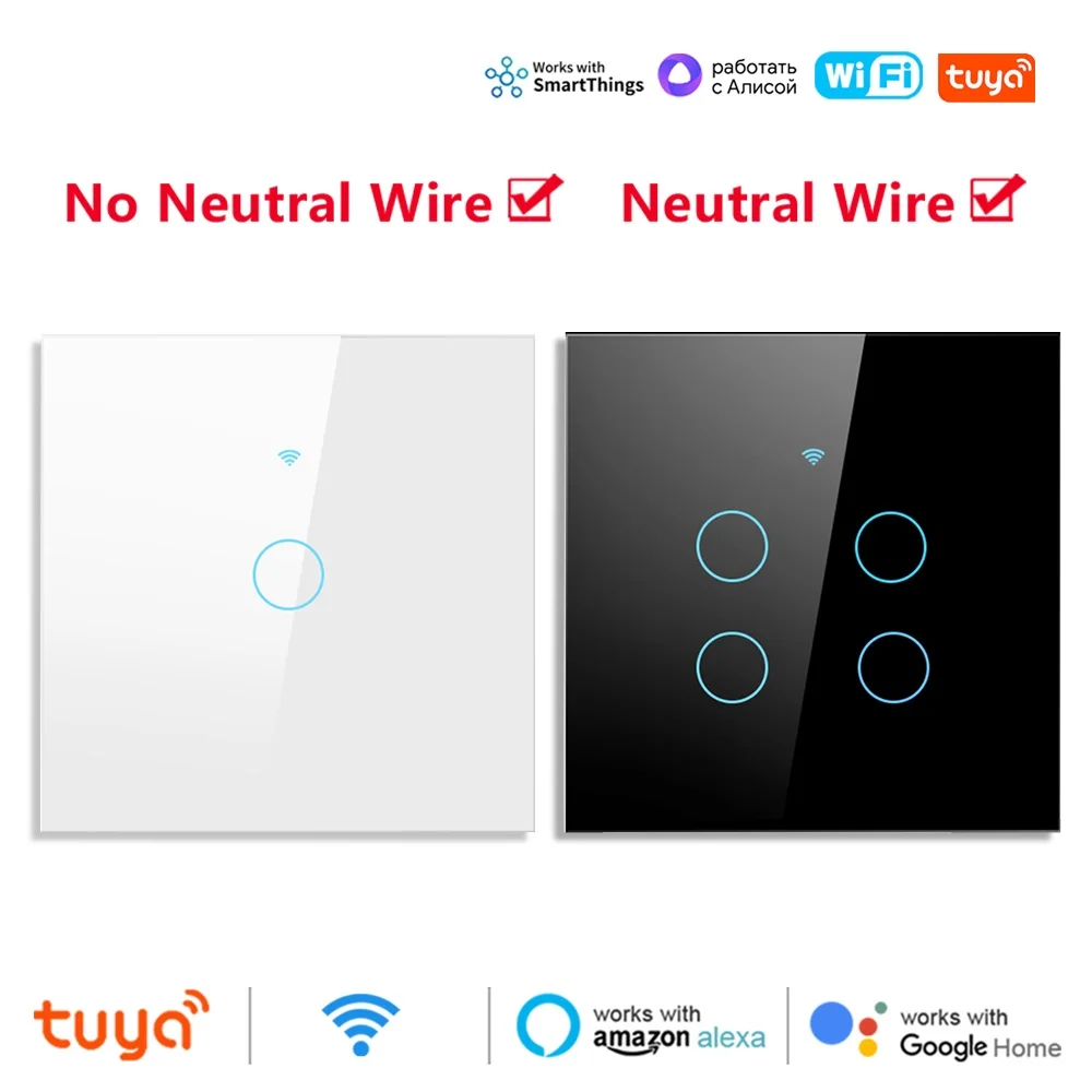Tuya inteligente wifi ue interruptor de toque de vidro de parede sem fios neutros interruptor de luz de controle remoto sem fio 1-4ang para alexa google casa