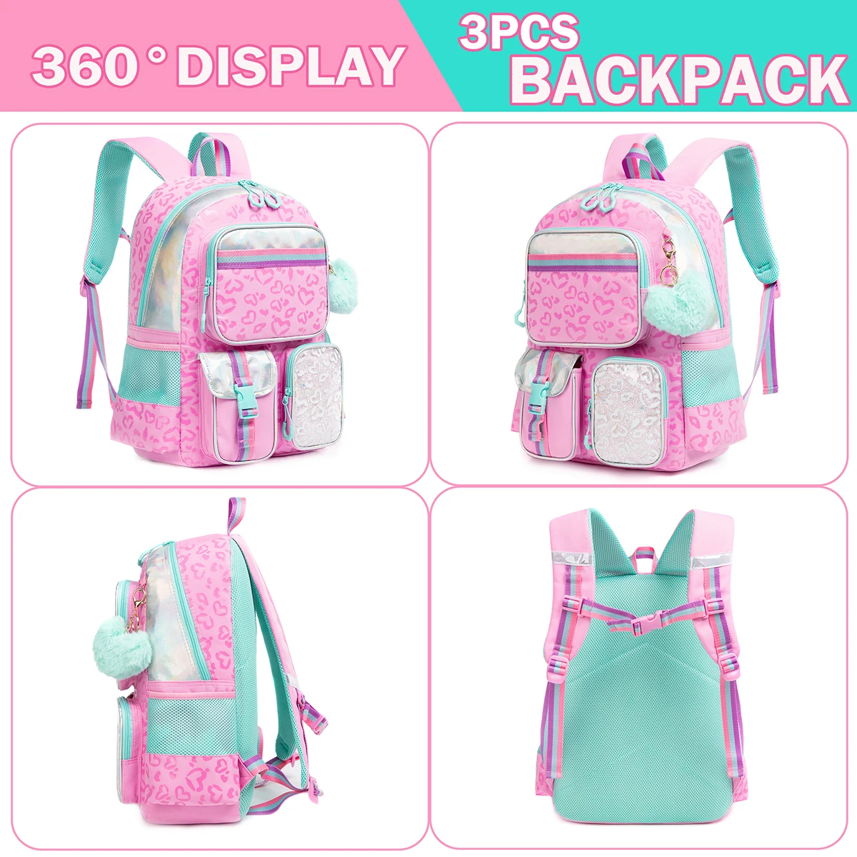 Meetbelify Girls' Multifunctional Heart Printed Pattern with Lunch Bag Pencil Bag for Studying  Travel and Picnic