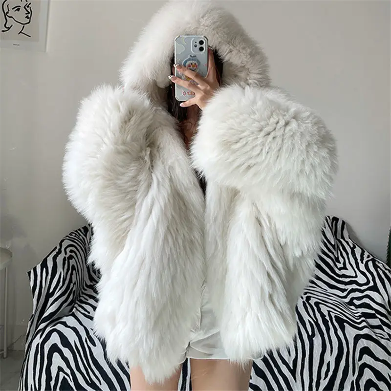 Faux Fur แจ็คเก็ตผู้หญิงฤดูใบไม้ร่วงฤดูหนาวสั้นค้างคาวแขนยาว Hooded Coats Slim Spliced หนาเสื้อหลวมเปิดเสื้อแจ็คเก็ต