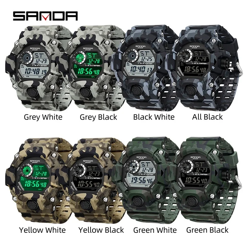 SANDA 2183 Reloj electrónico Moda Camuflaje militar Impermeable Deportes al aire libre Pantalla digital Relojes de pulsera con correa de silicona para hombres