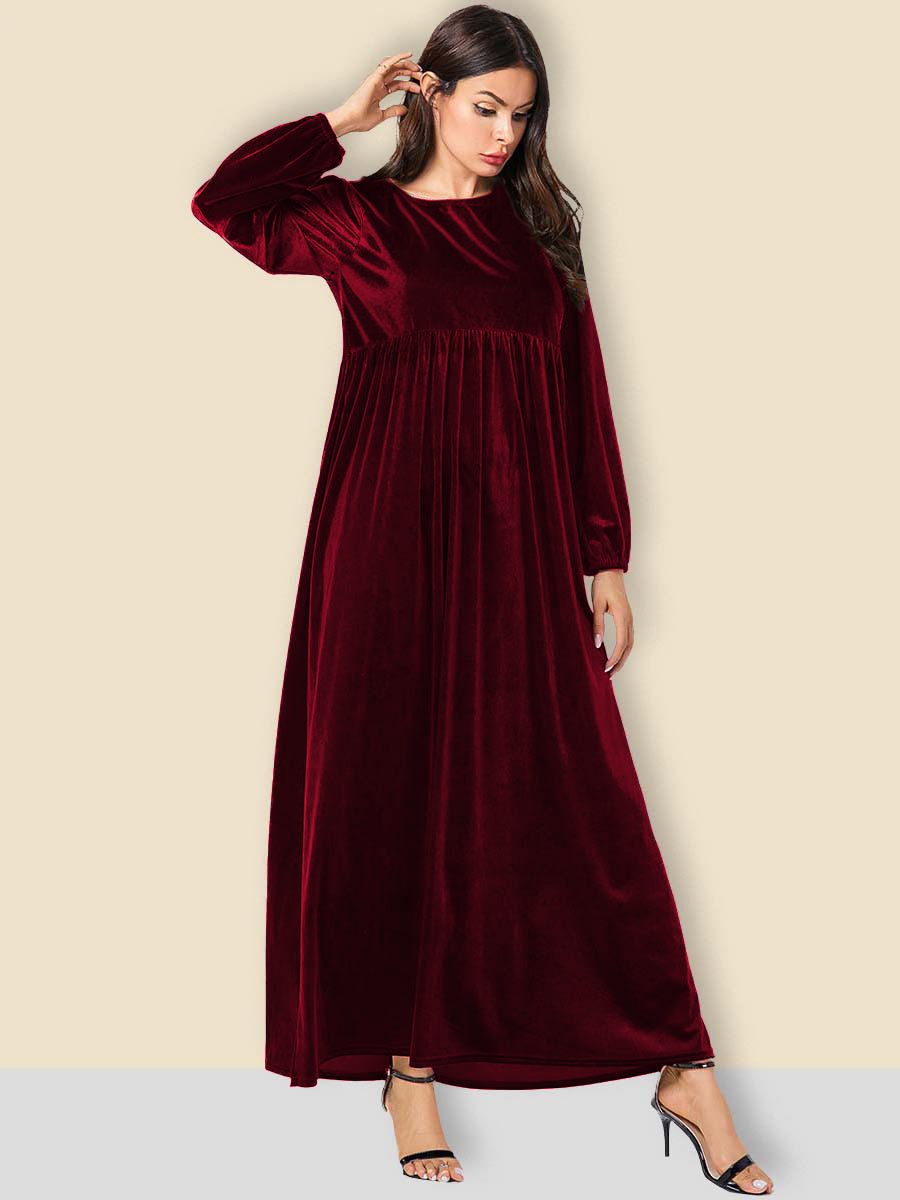Plus Size Damen Herbst und Winter neues einfarbiges, schlankes, langärmliges Swing-A-Linien-Rockkleid aus Samt