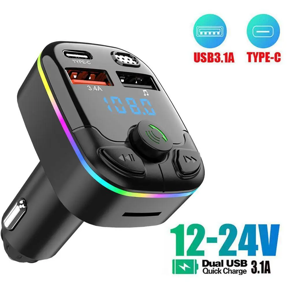 Transmisor FM Bluetooth 5,0 para coche PD tipo C Dual USB 3.1A luz ambiental colorida reproductor modulador MP3 manos libres