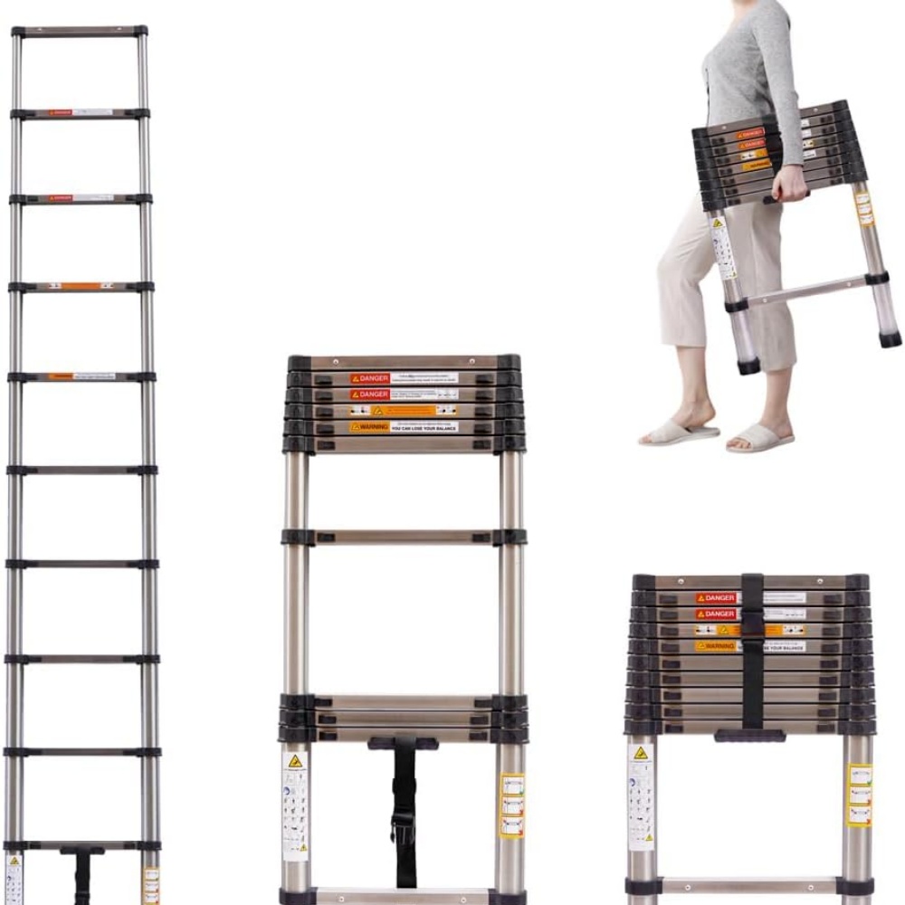 Échelle Télescopique Polyvalente en Acier Inoxydable, Extensible, avec Pieds Antidérapants, Portable, Robuste, Loft, EN131, 10.5 Pieds, 3.2m