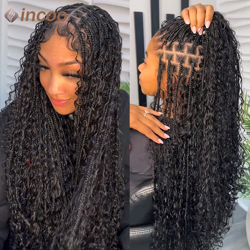 Pelucas trenzadas de caja bohemia, pelucas frontales de encaje sintético de pelo rizado para mujeres negras, peluca trenzada de diosa Locs, peluca trenzada de caja bohemia