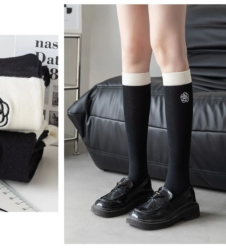 Calcetines largos japoneses de Camelia rosa para mujeres y niñas, calcetines hasta la rodilla de algodón con flores de Lolita, falda Ins para estudiantes, calcetines hasta la pantorrilla a juego