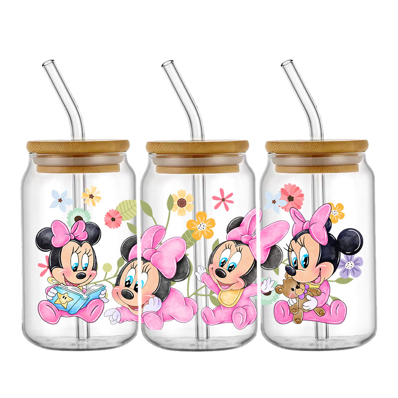 Mickey Minnie Cartoon Princess Winnie Little Bear Stitch High-Quality Wraps 16oz Glass Cup UV DTF Wrap Transfer Decals