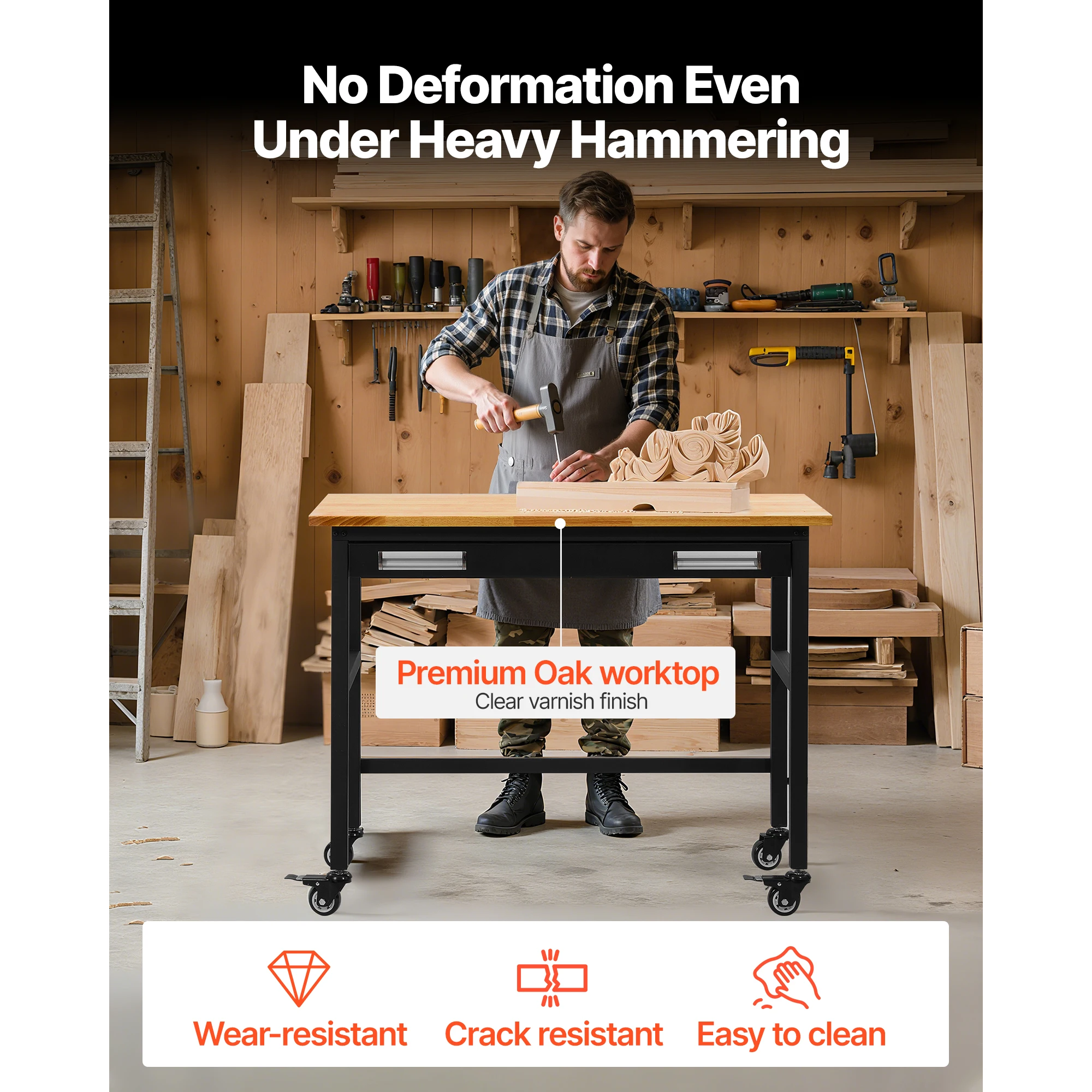SucceBuy 1500 lbs Work Bench Rolling Garage Workbench on Wheels with Sliding Drawer Storage Oak Wood Top Work Table for Workshop