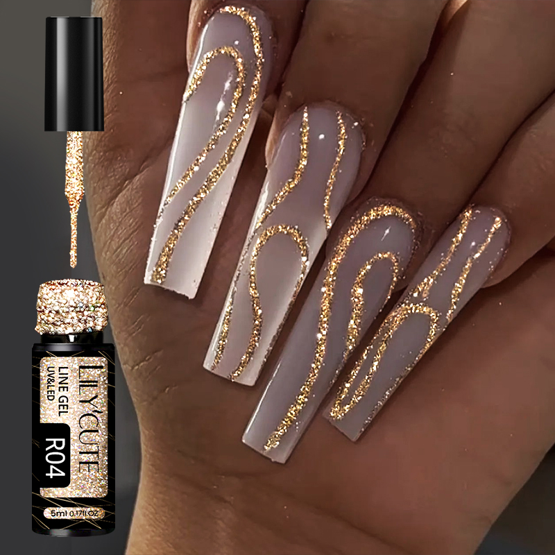 LILYCUTE 5ML Bright Sparkling Champagne Gold Liner Gel Nail Polish French Style Reflective Glitter Pull Line Graffiti Stripe Gel
