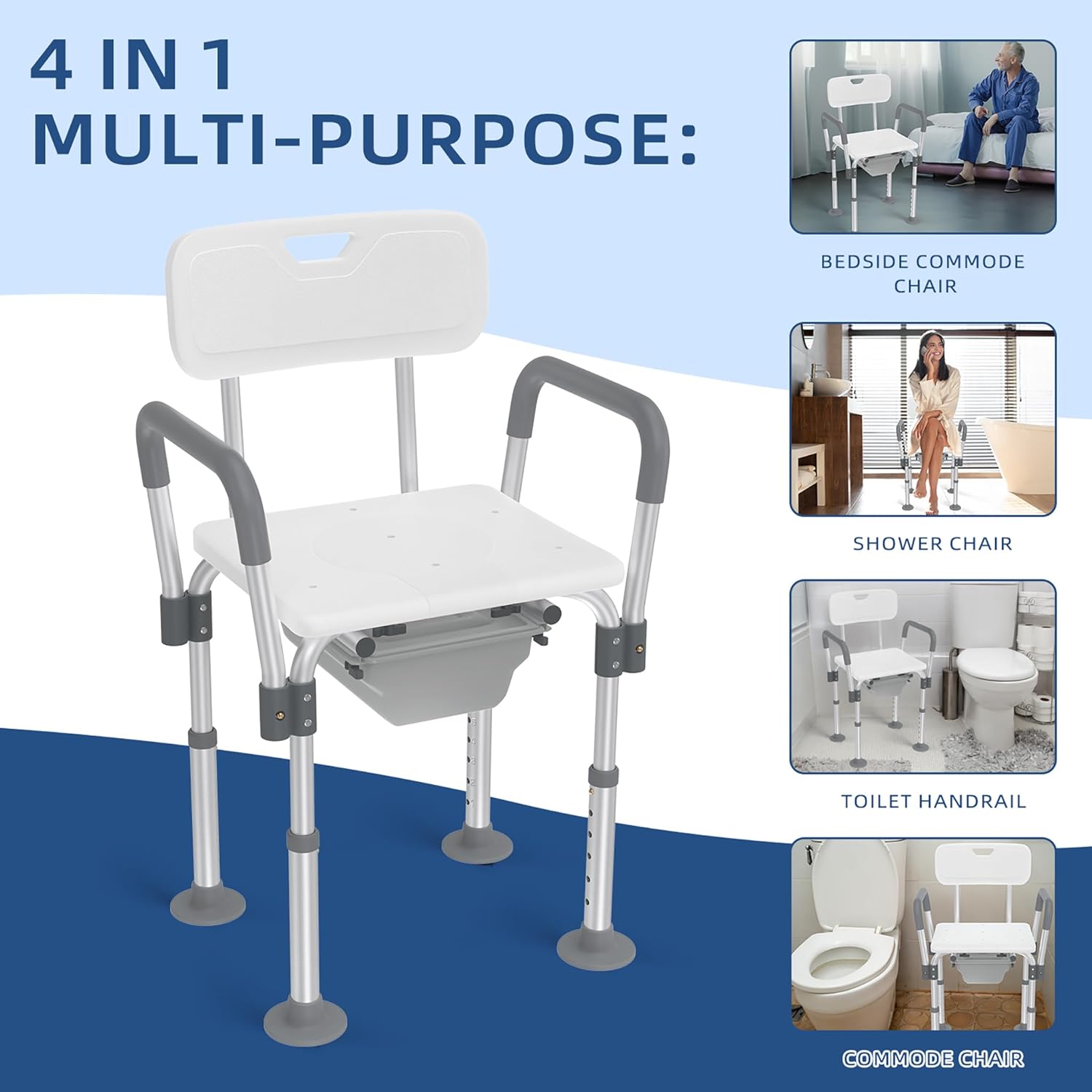 Toilettenstuhl Shower Stool Height Adjustable 2-in-1 Duschstuhl Badhocker Nachtstuhl mit Bucket, Armrest and Backrest WC-Chair