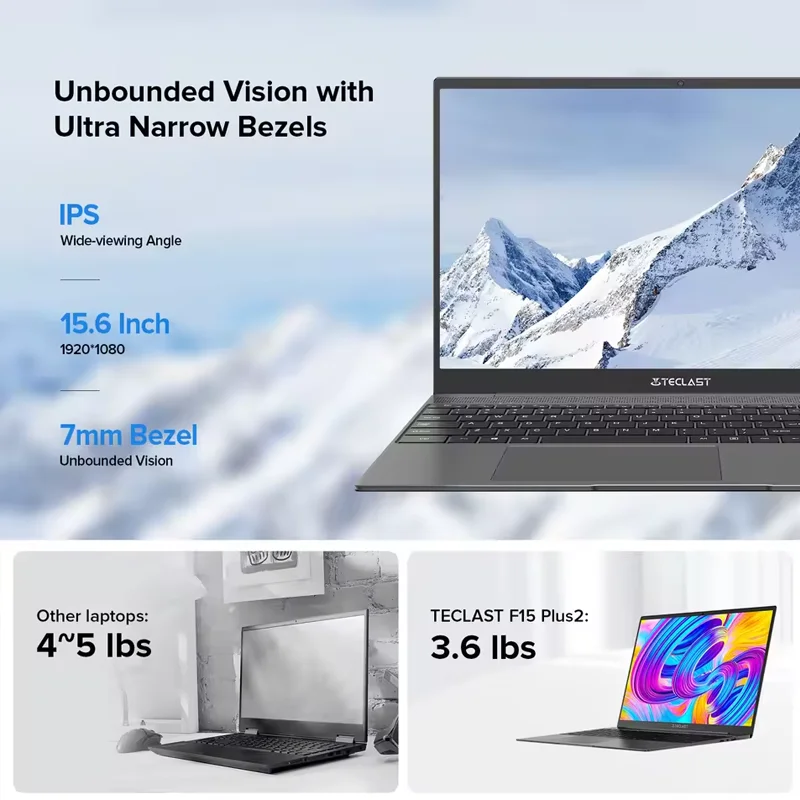 Teclast F15 Plus 2 Laptop 15.6 pulgadas Windows 11 Computadora portátil 8GB RAM 256GB SSD Gemini Lake N4120 USB3.0 Mini-HDMI Teclado de tamaño completo