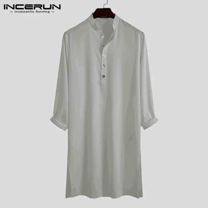 Incerun-男性用ムスリムシャツ,長袖,イスラム教徒の襟,無地,ストリートウェアカジュアル,5xl
