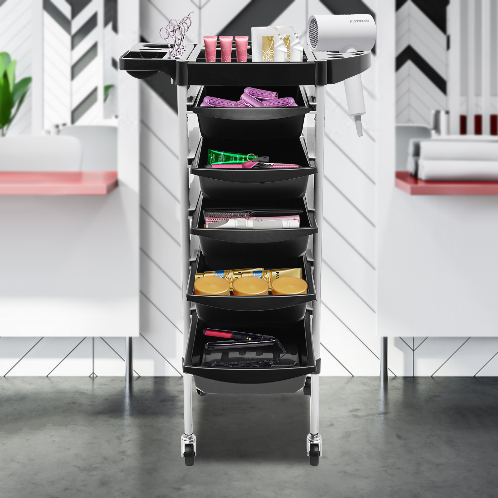 Friseur-Schönheitssalonwagen mit 5 Schubladen, Trolley mit großem Fassungsvermögen, multifunktionale Plattformräder, flexible Bewegung