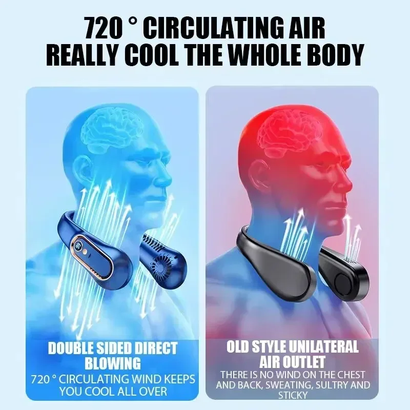 Mini ventilador portátil com faixa do pescoço, pingente elétrico, lâminas digitais