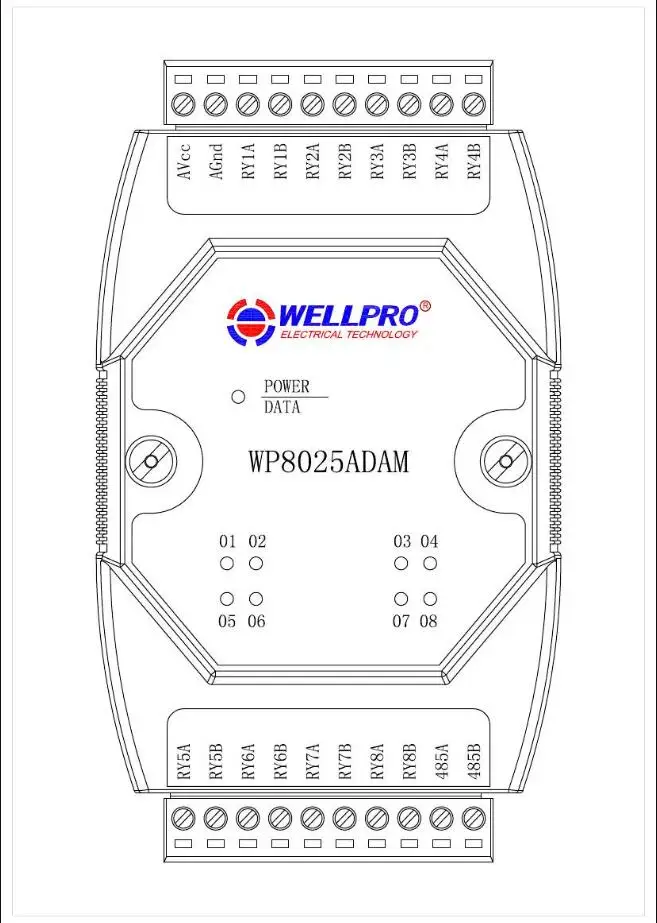 8RO Relaisuitgangsmodule RS485 MODBUS RTU-communicatie WELLPRO WP8025ADAM