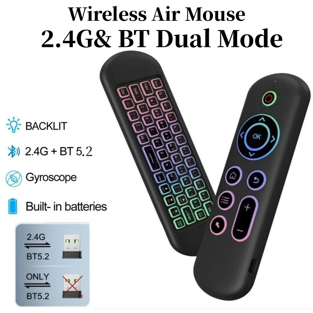 2.4g bt 5.2 controle remoto sem fio giroscópio air mouse 7 cores backlight receptor usb mini teclado para android smart tv box pc