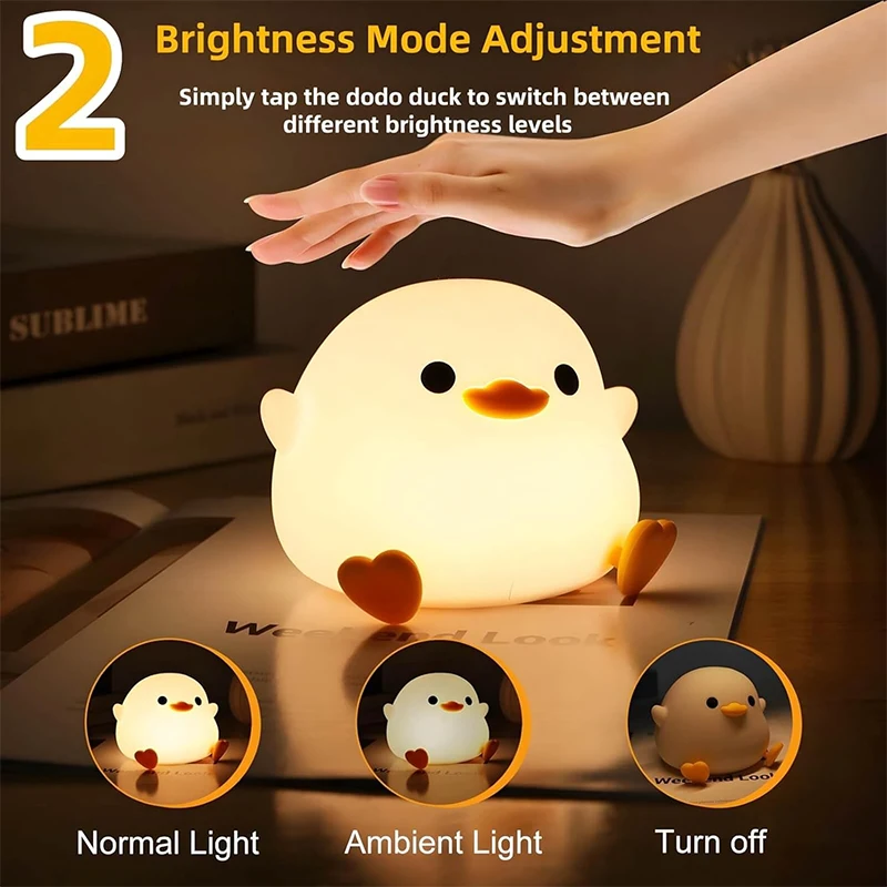 Luz nocturna DoDo Duck, lámpara de pato linda, luz nocturna regulable recargable, lámpara de noche LED de silicona para guardería sensible al tacto