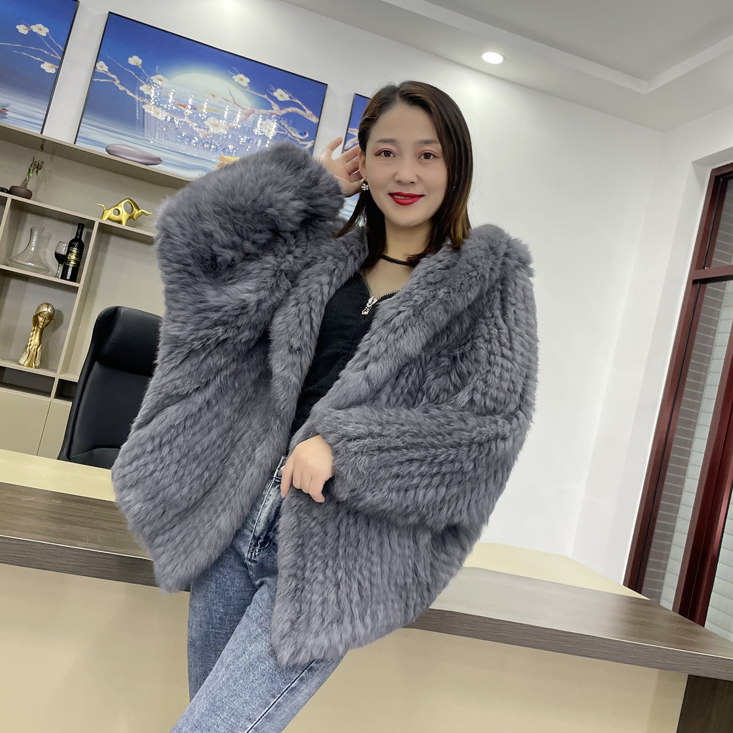 MPPM-Casaco com capuz de pele de coelho natural feminino, pele de coelho real, jaqueta manga comprida casual solta