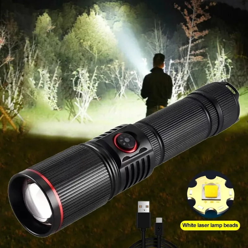 ไฟฉาย LED เลเซอร์สีขาวที่มีประสิทธิภาพ USB ชาร์จซูม 18650 แบตเตอรี่ Hand Light Long Shot สําหรับตั้งแคมป์ล่าสัตว์ตกปลา