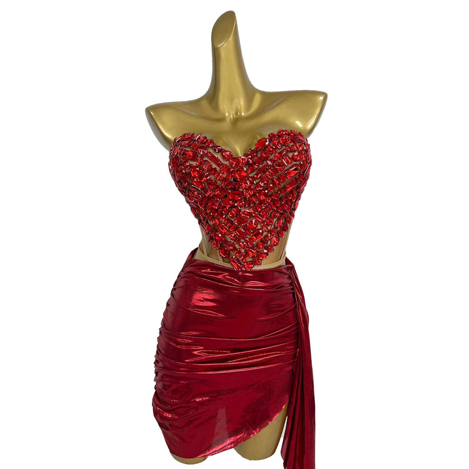Women Celebrate Party Birthday NightClub Performance Stage Outfit Show Wear Sparkly Red Diamonds Sexy Top Skirt 2 Pcs Set Aixin