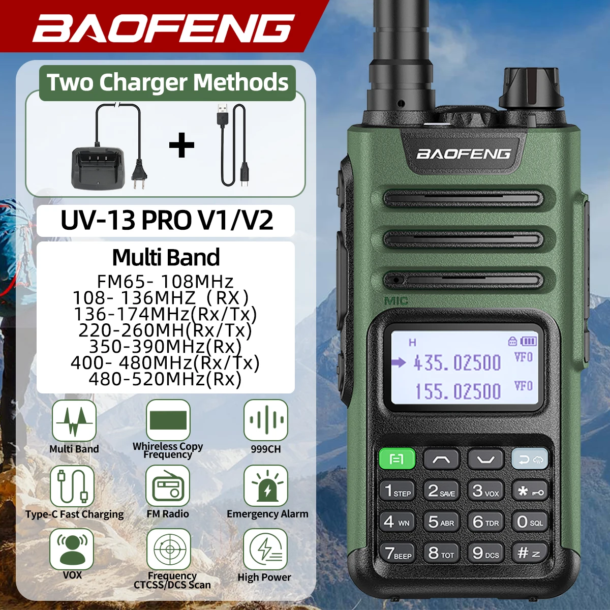BaoFeng UV-13 PRO V1 V2 de alta potencia de doble banda walkie talkie tipo C cargador 16 KM de largo alcance UV13 transceptor Ham de dos vías de radio